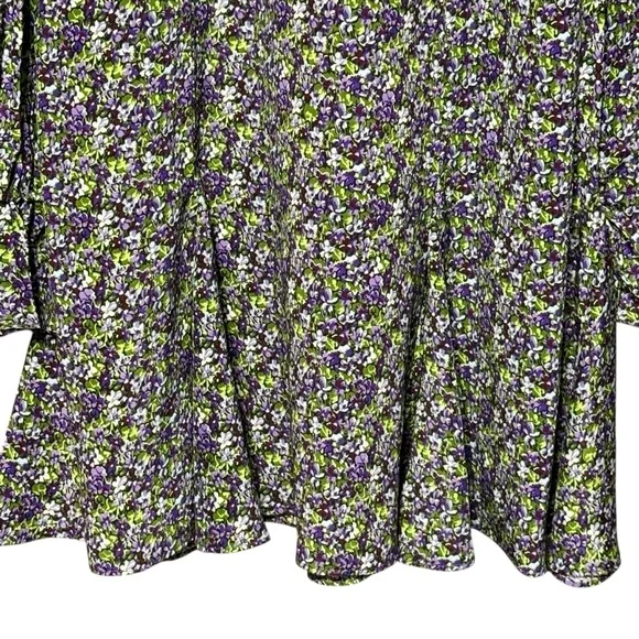 Les Reveries Ruffle Picnic Mini Floral 100% Silk Dress in Ditsy Purple Pansies - Picture 10 of 12